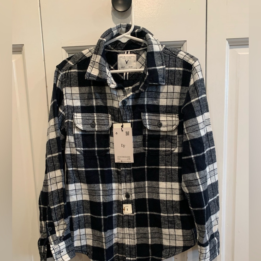 NWT Boys Denim and Flower Black and White Plaid Shirt Jacket size 8